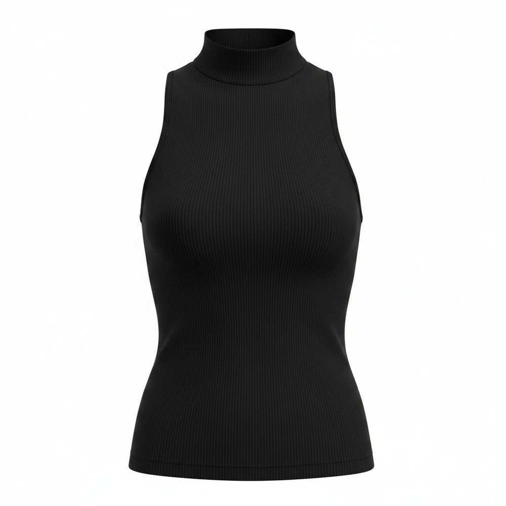 Suzette Collection Womens O/S Black Tank Top Mock Neck Ribbed Sleeveless Stretch